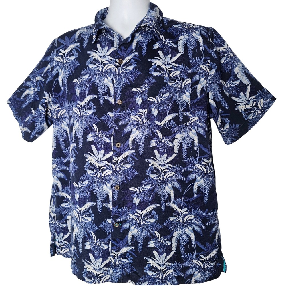 Havana Jim Camp Collar Shirt Mens L Blue Tropical Palm Stretch Aloha Resortwear